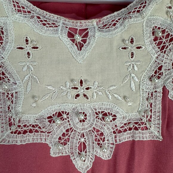 Karin Stevens Vintage Pink Dress Lace Collar Pleated Skirt Short Sleeve Size 12 - Picture 5 of 13